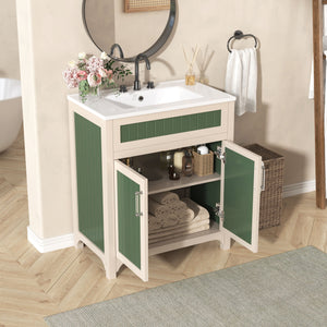 Bathroom Vanity Cabinet With Ceramic Sink Combo Set, Frame Modern Bathroom Storage Cabinet With Height Adjustable Shelf - Beige / Green