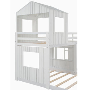 Twin Over Full Bunk Bed, With Playhouse, Farmhouse, Ladder And Guardrails - White