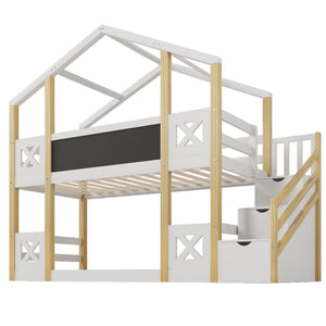 Twin Over Twin House Bunk Bed With White Storage Staircase And Blackboards - White