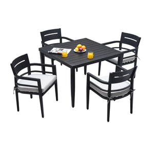 5 Piece Outdoor Patio Modern Dining Set, Including 4 Dining Chairs Sunbrella Fabric Cushioned And Square Dining Table With Umbrella Hole - Ember Black