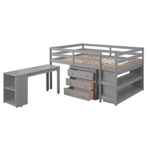 Loft Low Study Bed With Cabinet, Shelves And Rolling Portable Desk, Multiple Functions