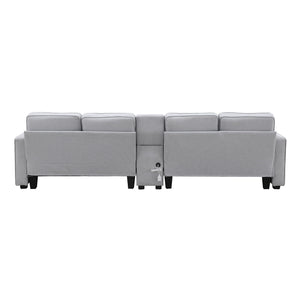 Upholstered Sofa With Console, 2 Cupholders And 2 USB Ports Wired Or Wirelessly Charged, Modern Linen Fabric Couches With 4 Pillows For Living Room, Apartment (4-Seat)