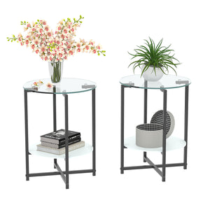 JWS Tempered Glass End Table (Set of 2), Round Coffee Table For Bedroom Living Room Office - Black