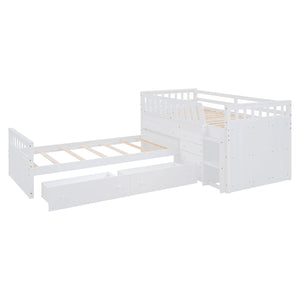 Loft Platform Bed With 7 Drawers And Full Guardrails, Modern L Shaped Space Savin