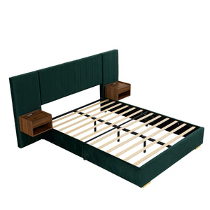 Upholstered Bed Frame Of Velvet Tufted Headboard With Floating Nightstand LED / USB Built