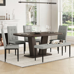6 Piece Dining Table Set For 6, Table With V-Shaped Legs And 4 Upholstered Chairs & Bench, Modern Dining Room Set For Kitchen, Dining Room - Gray