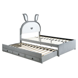Upholstered Platform Bed With Trundle And 3 Drawers, Rabbit-Shaped Headboard With Embedded LED Lights