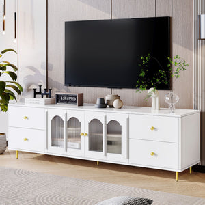 Modern TV Stand With Glass Door, 4 Drawers And 2 Cabinets