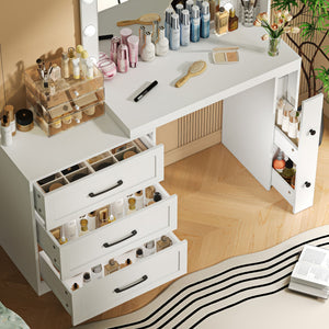 Vanity Desk With Freely Adjustable Side Cabinet, Makeup Vanity With Hollywood Lights, 5 Storage Drawers & 2-Shelves, Modern Dressing Table - White
