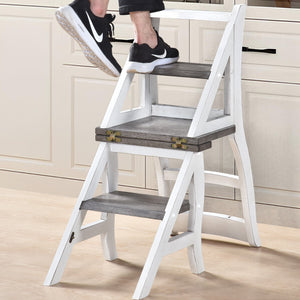 Solid Wood Foldable Ladderchair Dual Purpose Stepladders Step Display Stand Flower Stand Forhome, Library, Kitchen - Antique White / Sandstone
