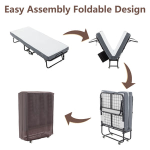 Foldable Metal Frame Bed For Guest With Memory Foam Mattress On Wheels, Saving Space Rollaway Bed