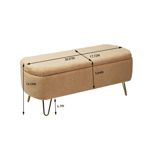 Storage Ottoman Bench For End Of Bed Gold Legs, Modern Camel Faux Fur Entryway Bench Upholstered Padded With Storage For Living Room Bedroom