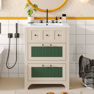Bathroom Vanity With Ceramic Sink, Bathroom Vanity Cabinet With 2 Drawers, Wooden Bathroom Sink Cabinet - Beige / Green
