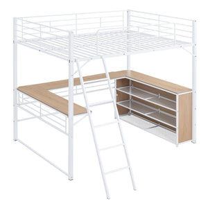 Loft Bed & 3 Layers Of Shelves And L-Shaped Desk