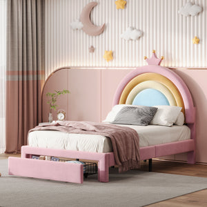Upholstered Rainbow Design Bed, Velvet Princess Platform Bed With Storage Drawer