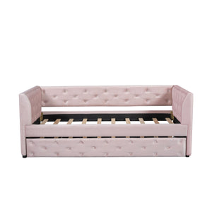 Twin Size Upholstered Tufted Daybed With Trundle - Pink