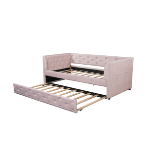 Twin Size Upholstered Tufted Daybed With Trundle - Pink