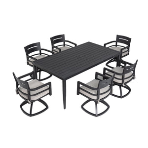 Outdoor Patio Aluminum Furniture, Modern Dining Set, Including 4 Swivel Rockers Sunbrella Cushioned And Square Dining Table With Umbrella Hole
