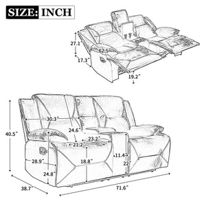 2 Seater Home Theater Recliner Manual Recliner Chair With A LED Light Strip Two Cup Holders And A Storage Box For Living Room