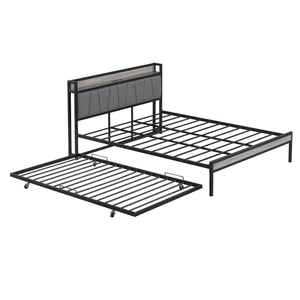 Platform Bed Frame With Trundle, USB Ports And Slat Support, No Box Spring Needed