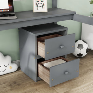 Loft Wood Bed With Under-Bed, Built-In Desk, A Storage Cabinet Of 2 Drawers, Guardrails, Ladder