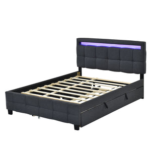 Upholstered Platform Bed With LED Frame, With Trundle And 2 Drawers