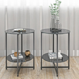 JWS Tempered Glass End Table (Set of 2), Round Coffee Table For Bedroom Living Room Office - Black