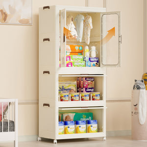 Portable Wardrobe Closet Storage Organizer With Magnetic Doors And Hanging Rod - Cream White