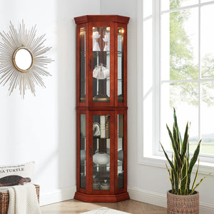 Corner Curio Cabinet With Lights, Adjustable Tempered Glass Shelves, Mirrored Back, Display Cabinet (E26 Light Bulb Not Included)