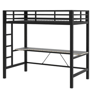 Twin Size Gaming Metal Loft Bed Frame With LED Light And Desk - Black