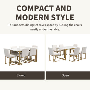 Modern Dining Table Set For 6 Faux Marble Kitchen Table Set With 6 Upholstered Dining Chairs, 7 Piece - White / Golden