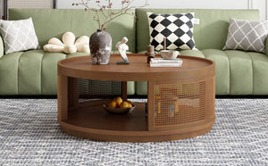 Round Cane Coffee Table With Rattan Side