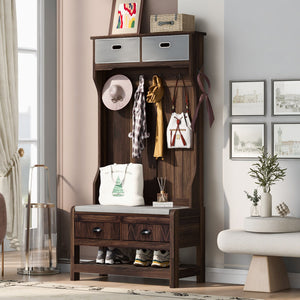 Hall Tree With 6 Hooks And Hinged Lid, Coat Hanger, Storage Bench, 3 In 1 Design