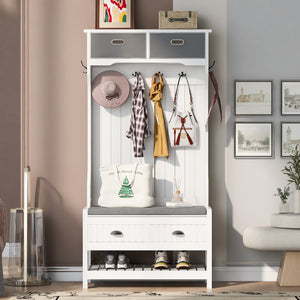 Hall Tree With 6 Hooks And Hinged Lid, Coat Hanger, Storage Bench, 3 In 1 Design