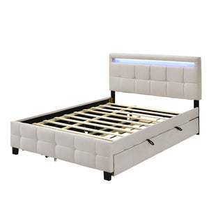 Upholstered Platform Bed With LED Frame, With Trundle And 2 Drawers