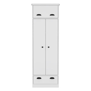 Dresser Closet With Upper Storage Covered With 1 Door, 2 Central Shelves, 1 Tube For Hanging Clothes Covered By 2 Doors, 1 Drawer At The Bottom - White