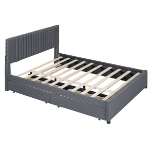 Upholstered Platform Bed With Drawers, Classic Headboard Design