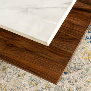 Modern Glam 3 Tone Square Coffee Table With Lower Shelf - White Marble / Dark Walnut / Gold