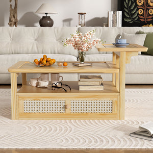 Coffee Table With 1 Storage Shelf, 2 Tabletops And 1 Rattan Drawer