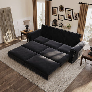 Pull Out Sofa Bed 3 In 1 Velvet Convertible Sleeper Sofa With Nailhead Trim & Rolled Arm, Multi Functional