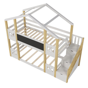 Twin Over Twin House Bunk Bed With White Storage Staircase And Blackboards - White