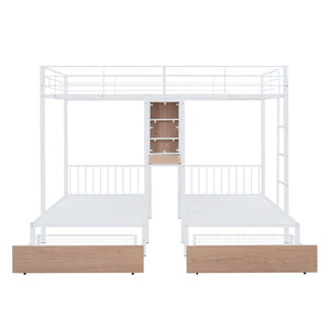 Triple Bunk Bed With Drawers, Multi-Functional Frame With Desks And Shelves In The Middle