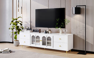 Modern TV Stand With Glass Door, 4 Drawers And 2 Cabinets