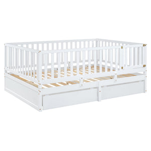 Daybed With Fence Guardrails And 2 Drawers, Split Into Independent Floor Bed & Daybed