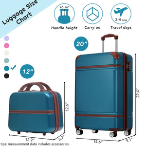 20" Hardside Luggage With Cosmetic Case, 2 Piece Lightweight Suitcase Set With Spinner Wheels, Carry On Vintage Luggage
