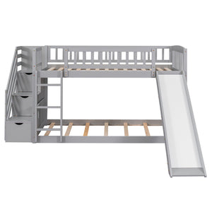 Twin Over Twin Bunk Stairway Bed With 2 Drawers And Slide - Gray