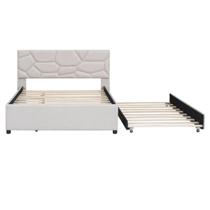 Upholstered Platform Bed With Brick Pattern Headboard And Twin Long Size Trundle