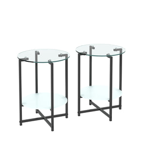 JWS Tempered Glass End Table (Set of 2), Round Coffee Table For Bedroom Living Room Office - Black