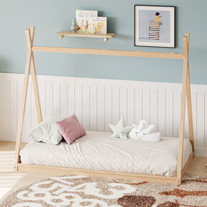 Wood Tent Bed For Kids, Montessori Style Low - Floor Bed, House-Shape Tent Bed Frame