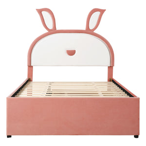 Upholstered Platform Bed With Trundle And 3 Drawers, Rabbit-Shaped Headboard With Embedded LED Lights
